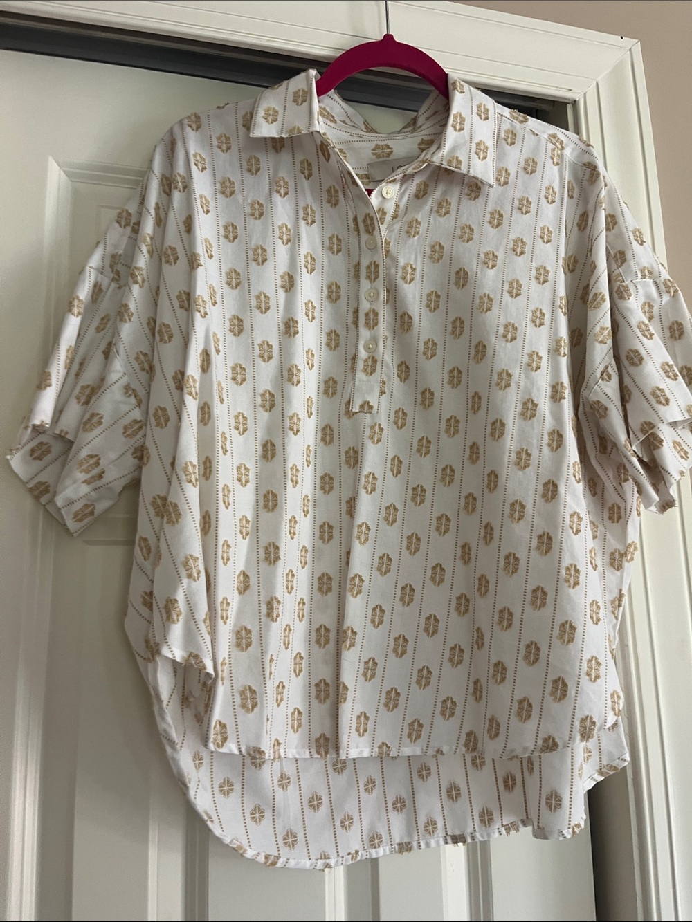 LOFT White Top with Gold Embroidered Dot Pattern